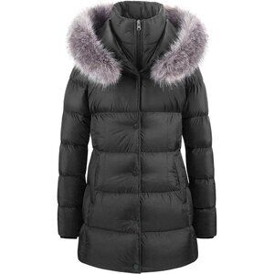 Women's Black Long Snow Puffer Jacket Coat Removable Faux Fur Trim Winter Warm